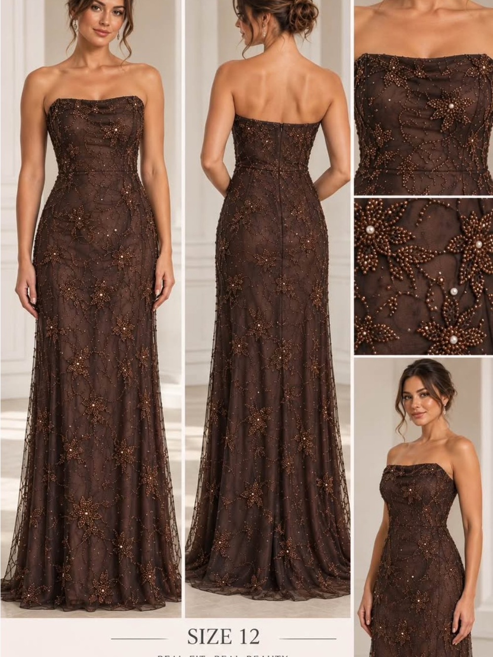 Strapless Beaded Evening Gown - Brown